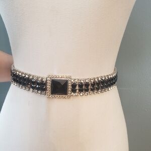 Elegant Vintage Black and Clear Crystal Rhinestone Silver Women's Belt
